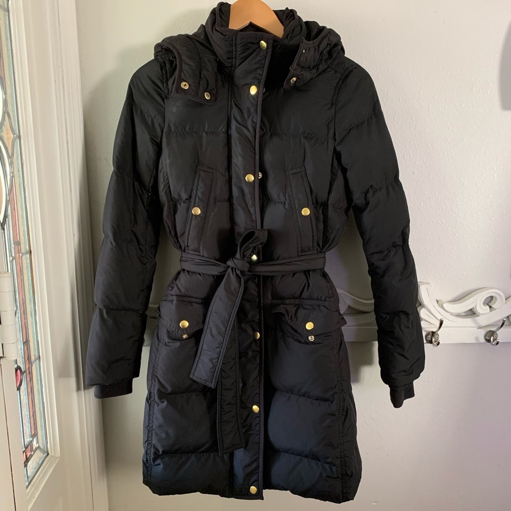 J Crew Wintress Long Belted Puffer Coat XS Black